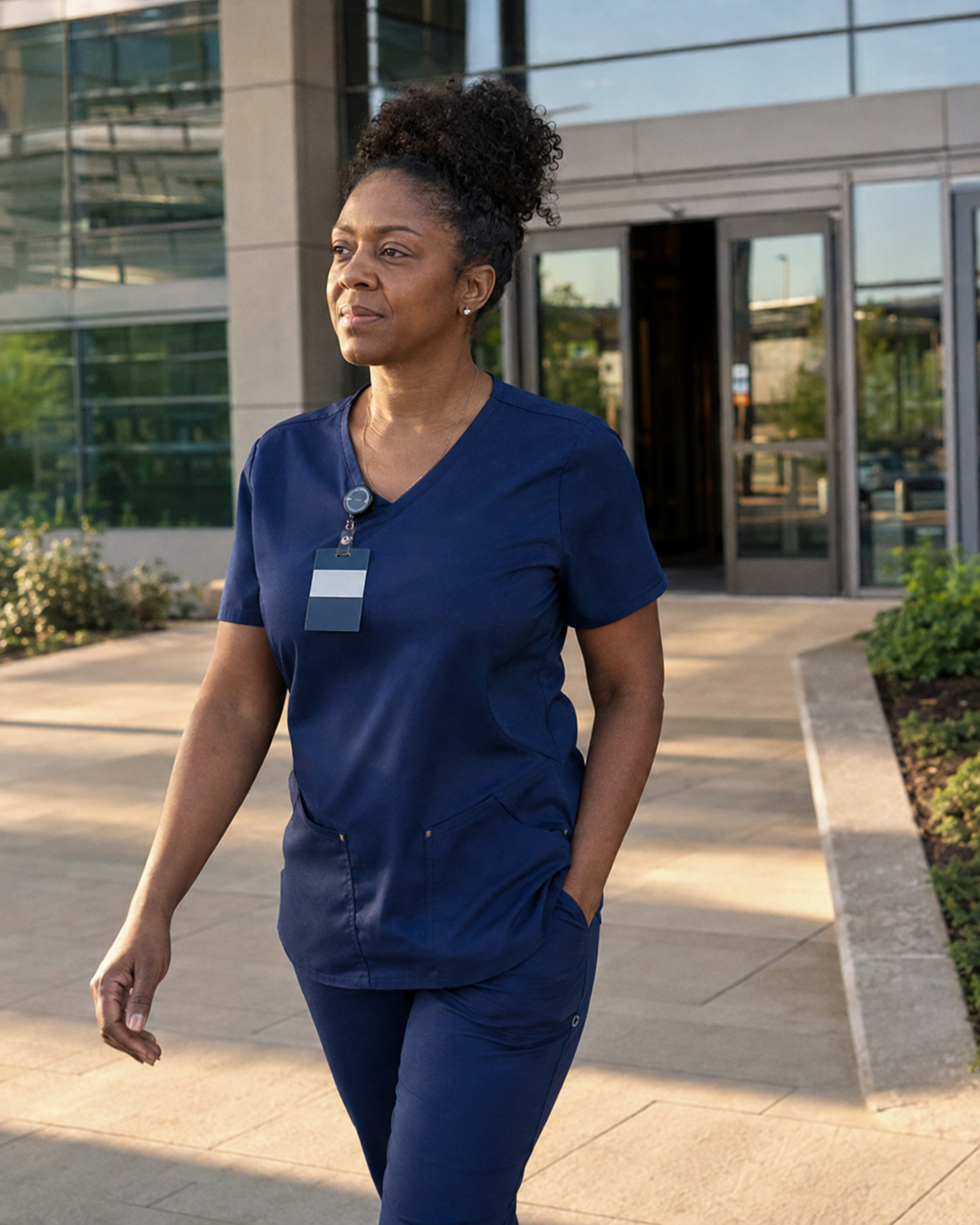 Healthcare clinical nurse walking on hospital grounds