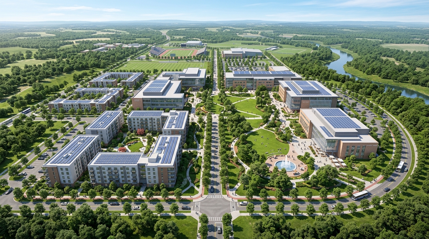 Aerial view of education campus housing development