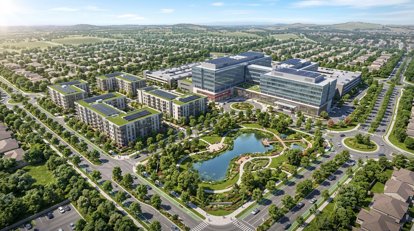 Aerial view of healthcare campus housing development