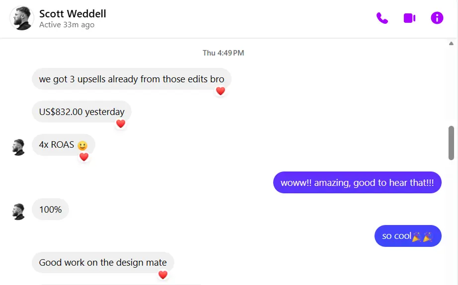 Scott Weddell result - $832 in one day, 4x ROAS