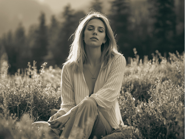 Femme en introspection dans la nature en Haute-Savoie, symbolisant une mutation identitaire et un passage intérieur