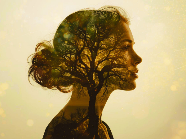 Blessure fondatrice et mémoire héritée représentées par une femme en double exposition avec un arbre symbolisant la lignée familiale