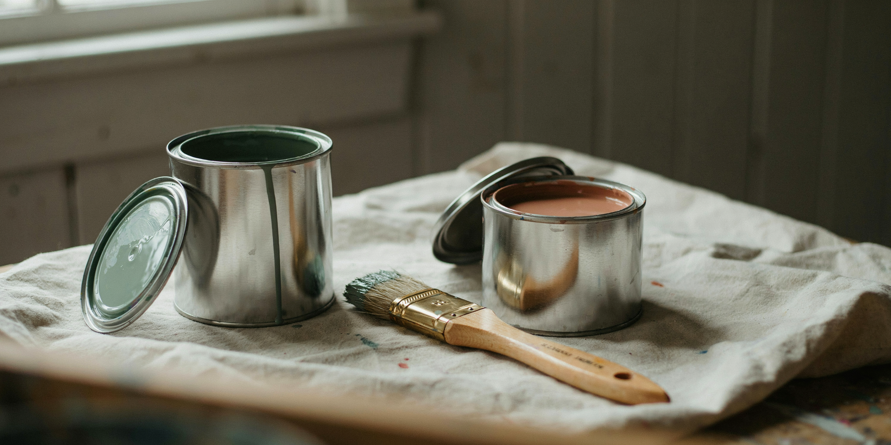 Premium paint cans and brush on a drop cloth