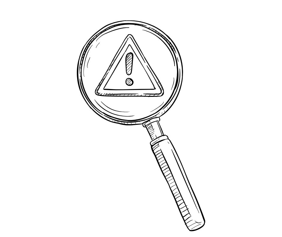 Line drawing of magnfying glass with an exclamation mark in it