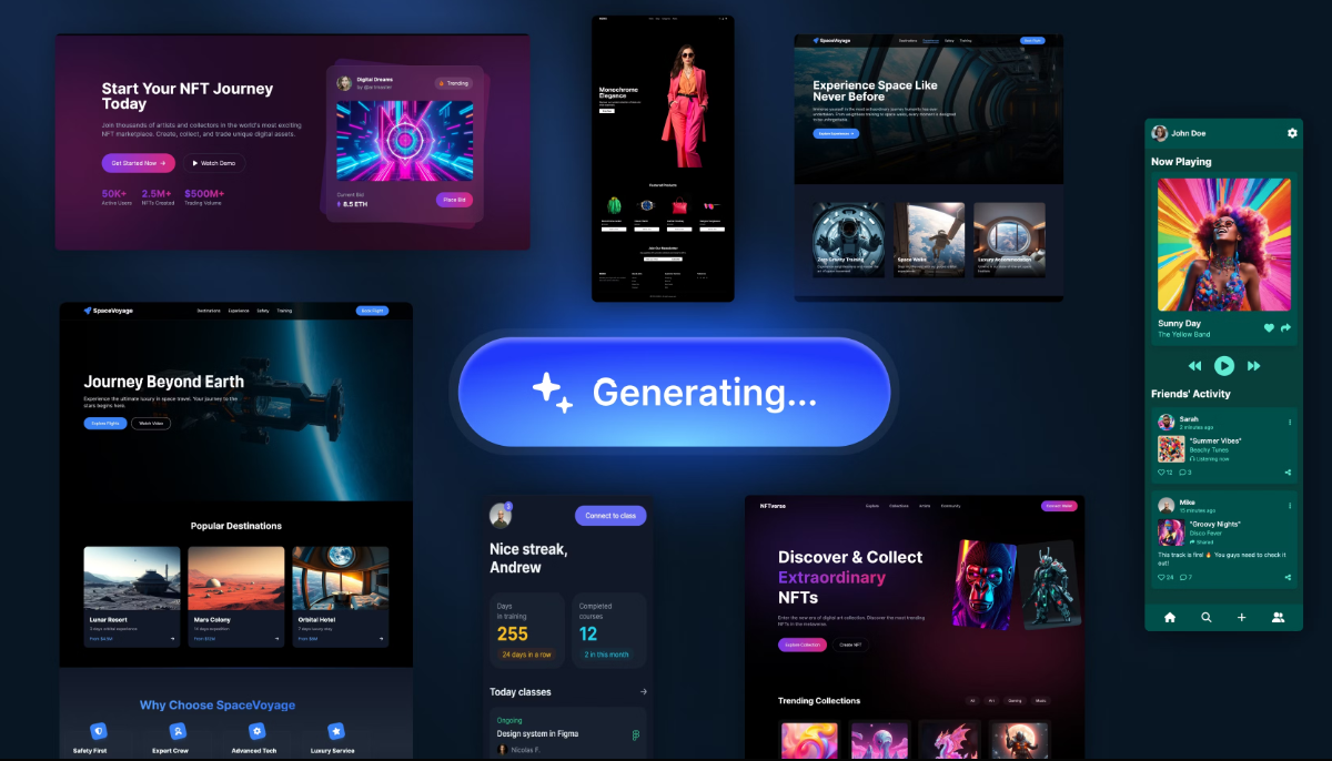 AI interface showcasing NFT marketplace features, user activity tracking, and digital art collections, with a prominent "Generating..." button, reflecting MarketRev's focus on AI-driven solutions for enhancing business processes.