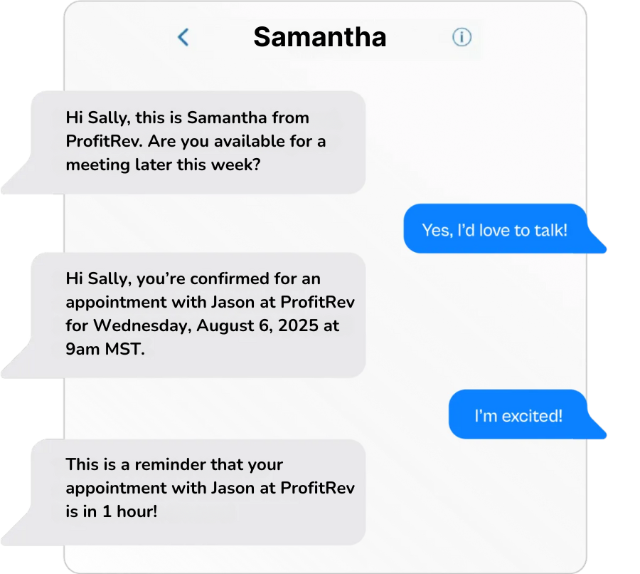 Text message conversation showcasing automated appointment scheduling and reminders for MarketRev's AI Booking System.