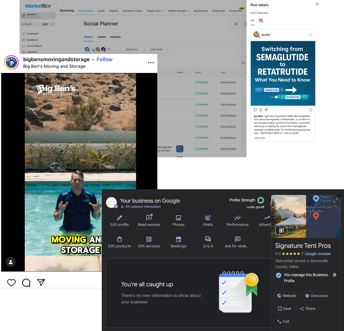 3 Images Showing Google Business Profile Screenshot, Instagram post, and automated social media posting.