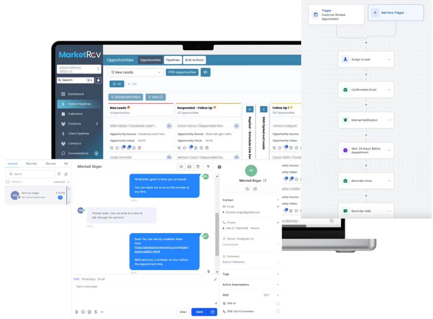 3 Screenshots of the MarketRev platform tools to convert leads into customers.