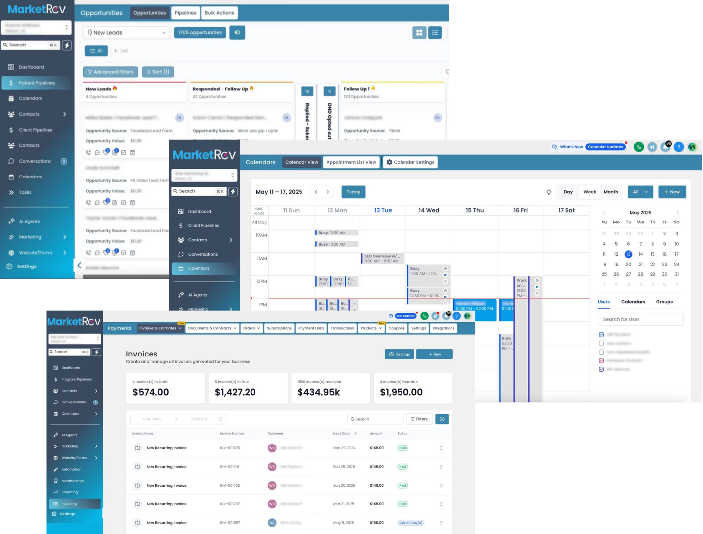 3 Screenshots of the MarketRev platform tools to convert leads into customers.