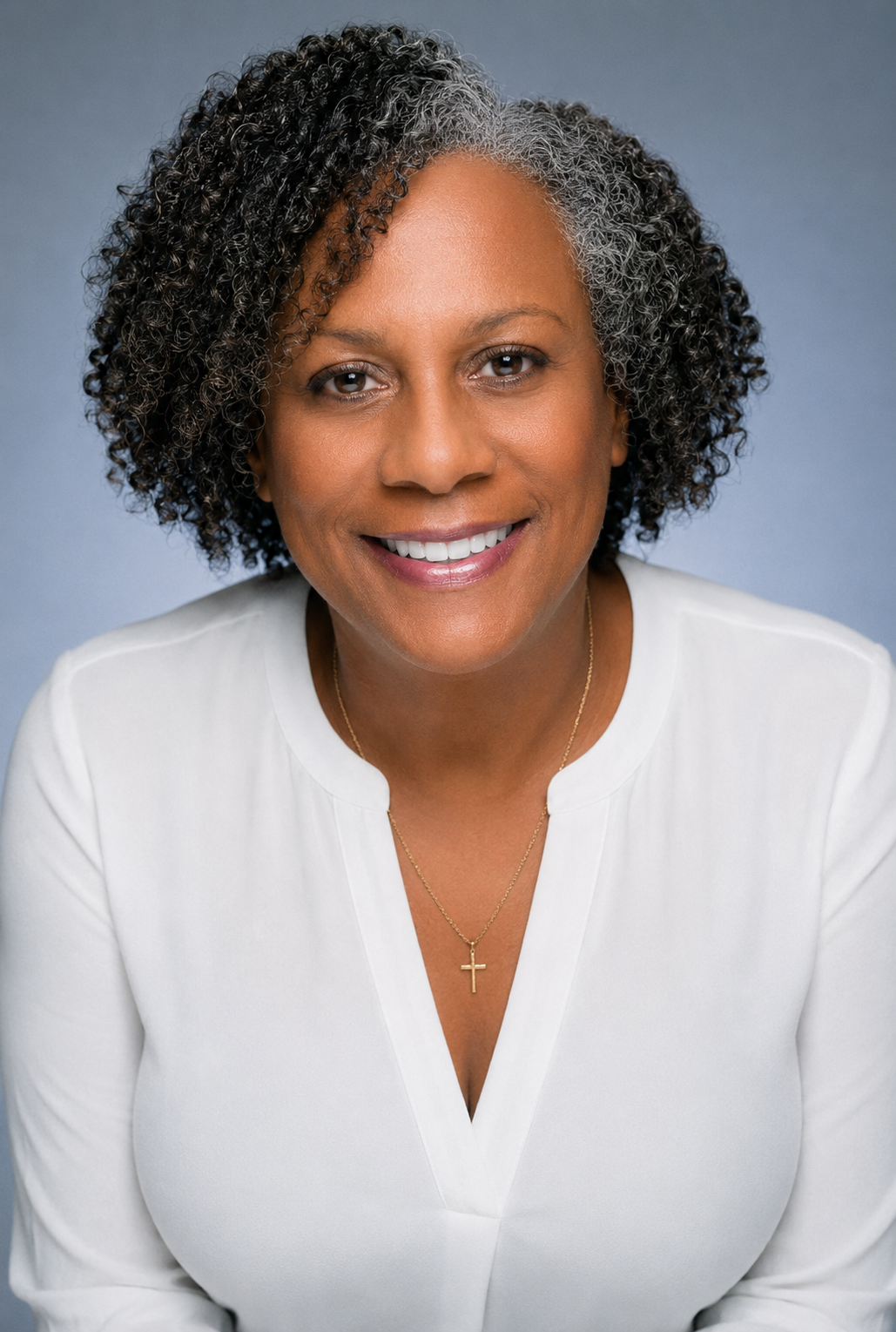 Dawn Jordan Jones in a white blouse