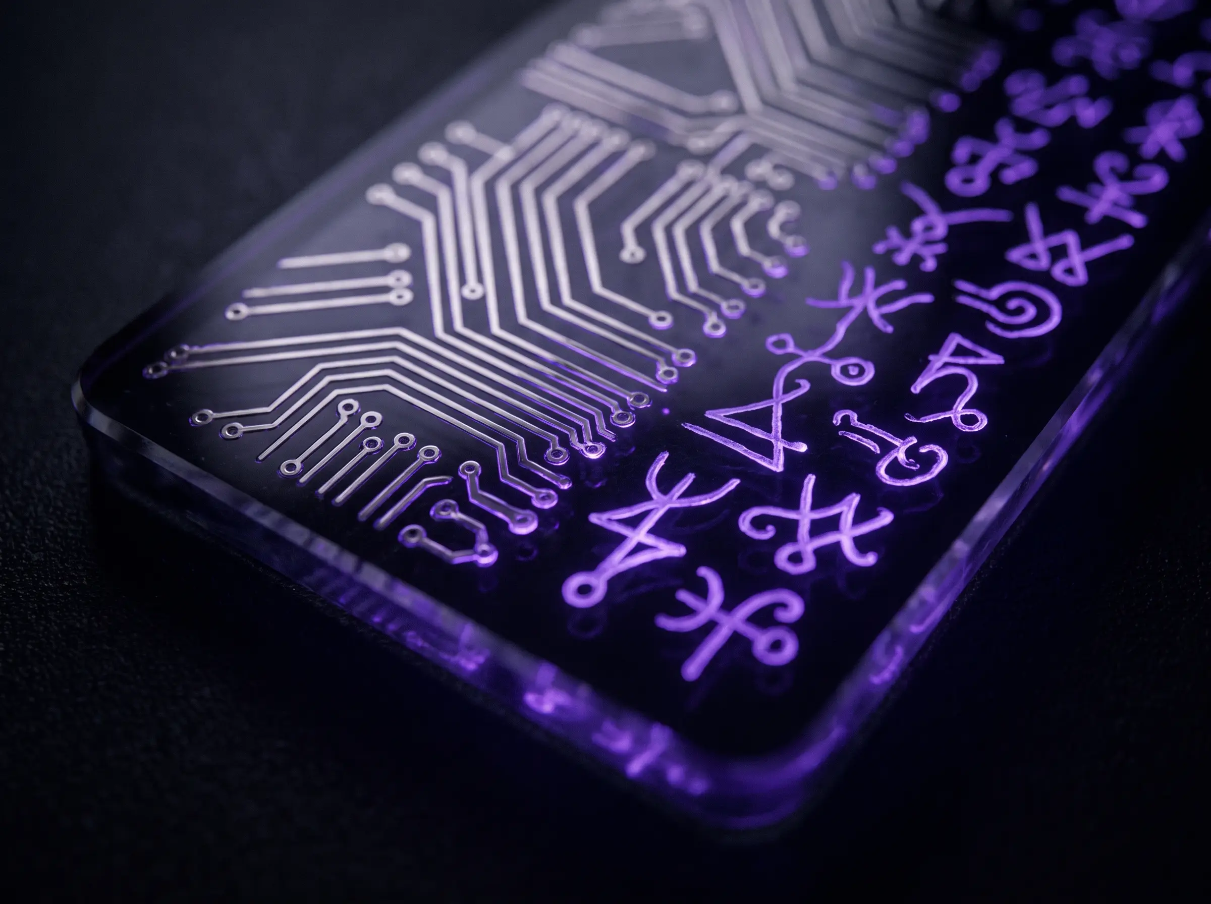 Macro of an obsidian tablet where etched circuitry merges into alchemical sigils, glowing violet