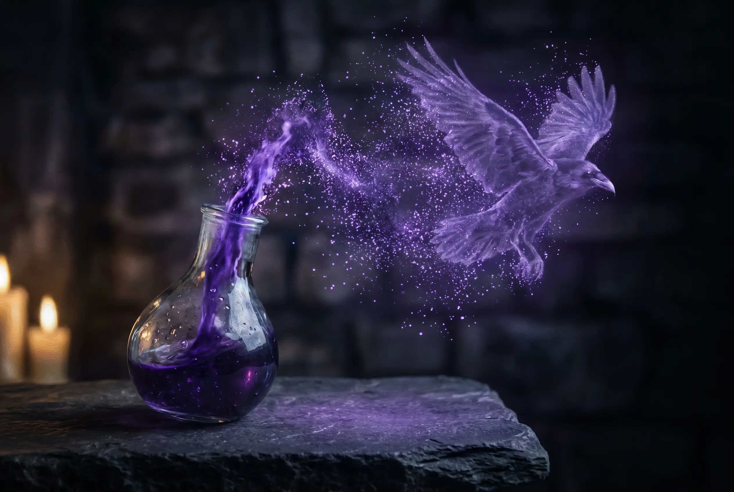 An alchemist's flask dissolving into glowing violet splat particles forming a raven