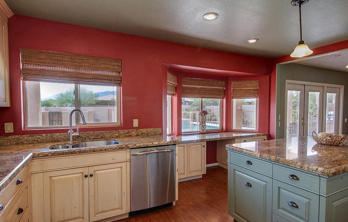 Knotty alder glazed cabinetry wide view, foothills kitchen by Myk's Woodworking