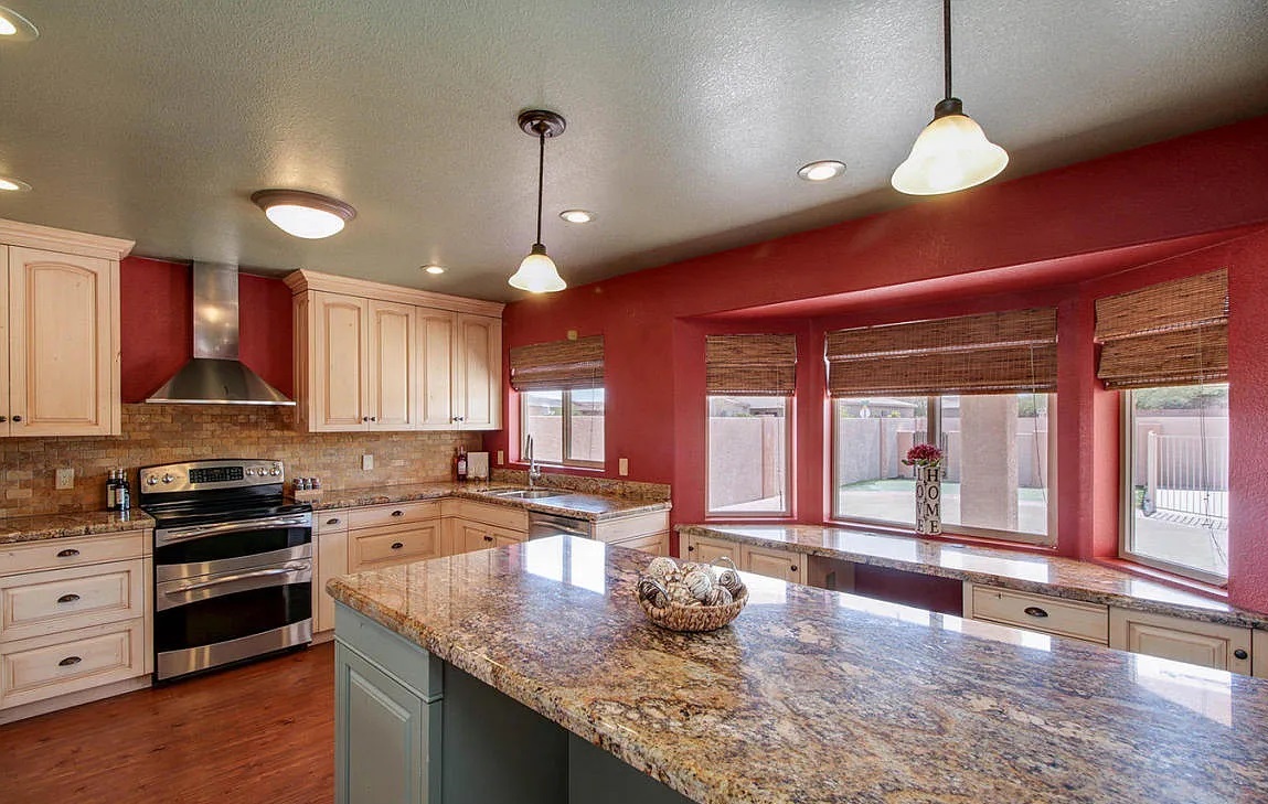 Knotty alder kitchen with a glaze finish built by Myk's Woodworking in the Tucson foothills