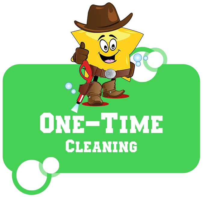 A yellow star cartoon wearing a cowboy hat, boots, and belt, holding a pressure washer, with 'ONE-TIME CLEANING' text on a green background.