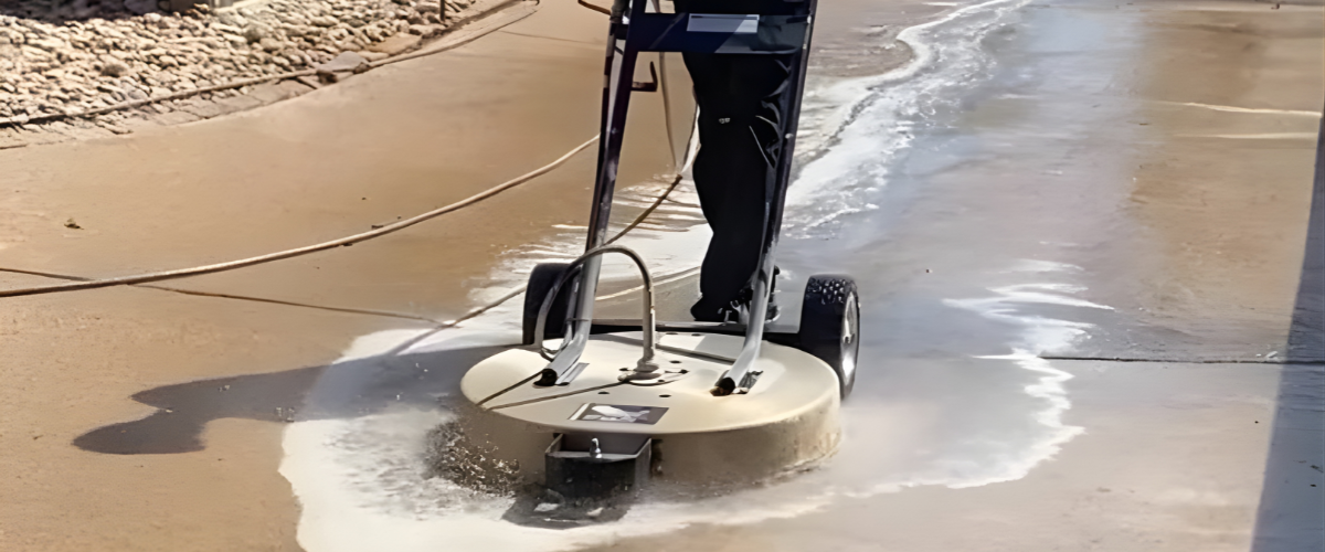 Driveway pressure washing service in Fort Worth TX cleaning concrete surface with power washer