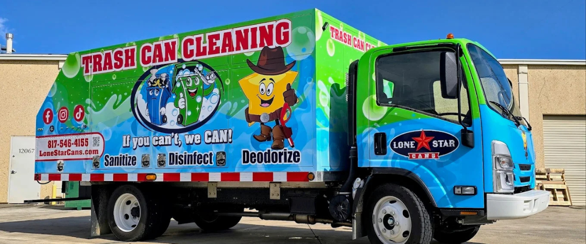 Trash can cleaning truck in Fort Worth TX providing bin sanitizing and deodorizing services