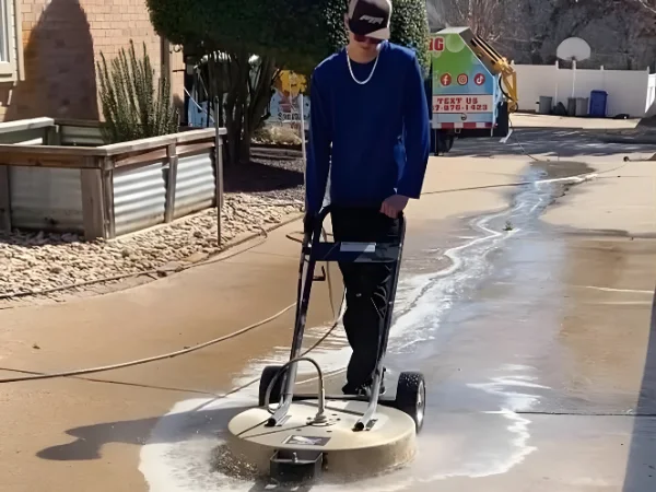 A man in a blue shirt is power washing a concrete driveway with a surface cleaner, removing dirt and grime.