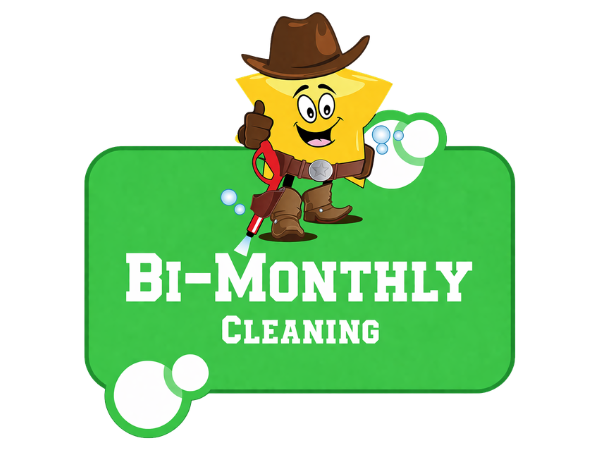 A yellow star cartoon wearing a cowboy hat, boots, and belt, holding a pressure washer, with 'ONE-TIME CLEANING' text on a green background.