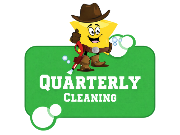 A yellow star cartoon wearing a cowboy hat, boots, and belt, holding a pressure washer, with 'ONE-TIME CLEANING' text on a green background.