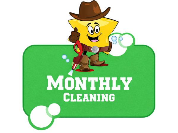 A yellow star cartoon wearing a cowboy hat, boots, and belt, holding a pressure washer, with 'ONE-TIME CLEANING' text on a green background.
