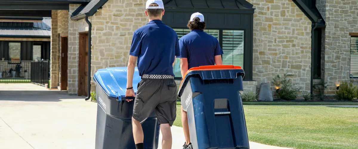 Two men from behind are seen rolling two separate blue and orange recycling bins on wheels toward a stone house.