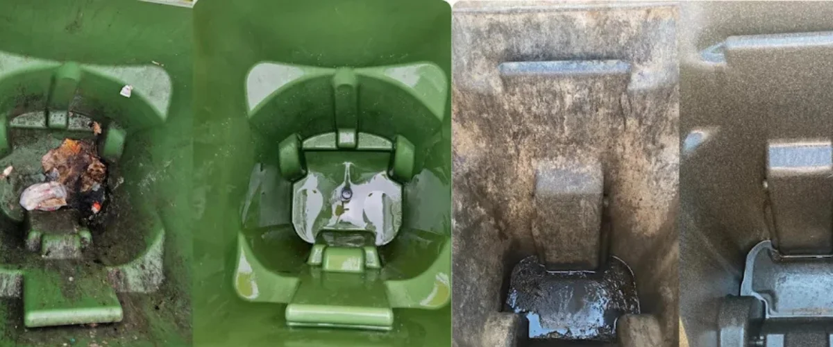 A four-panel image displaying the interior of three trash cans, comparing a dirty can to one with water, and another dirty one to a lighter, cleaner one.