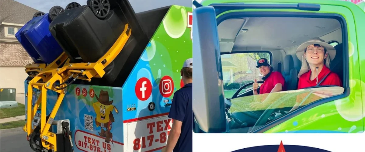 A brightly colored green and blue trash can cleaning truck in a residential area, with two crew members visible in the cab.