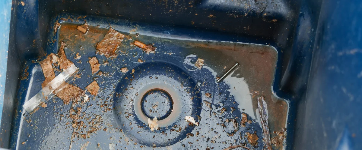 A dirty blue trash can, seen from above, with muddy water and leaves collected at the bottom. A dirty blue trash can, seen from above, with muddy water and leaves collected at the bottom.