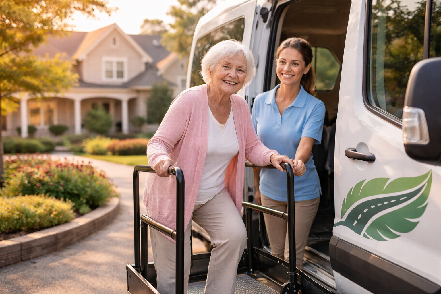 Smiling senior woman — warm, friendly transportation you can trust