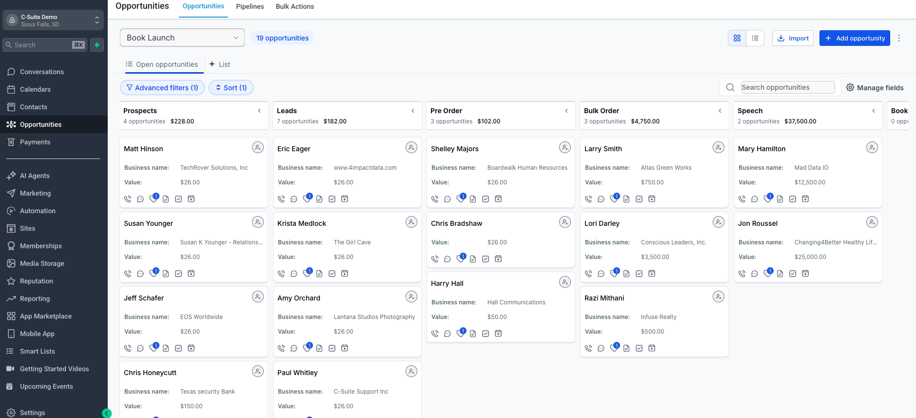 Your contacts and opportunities, organized by stage
