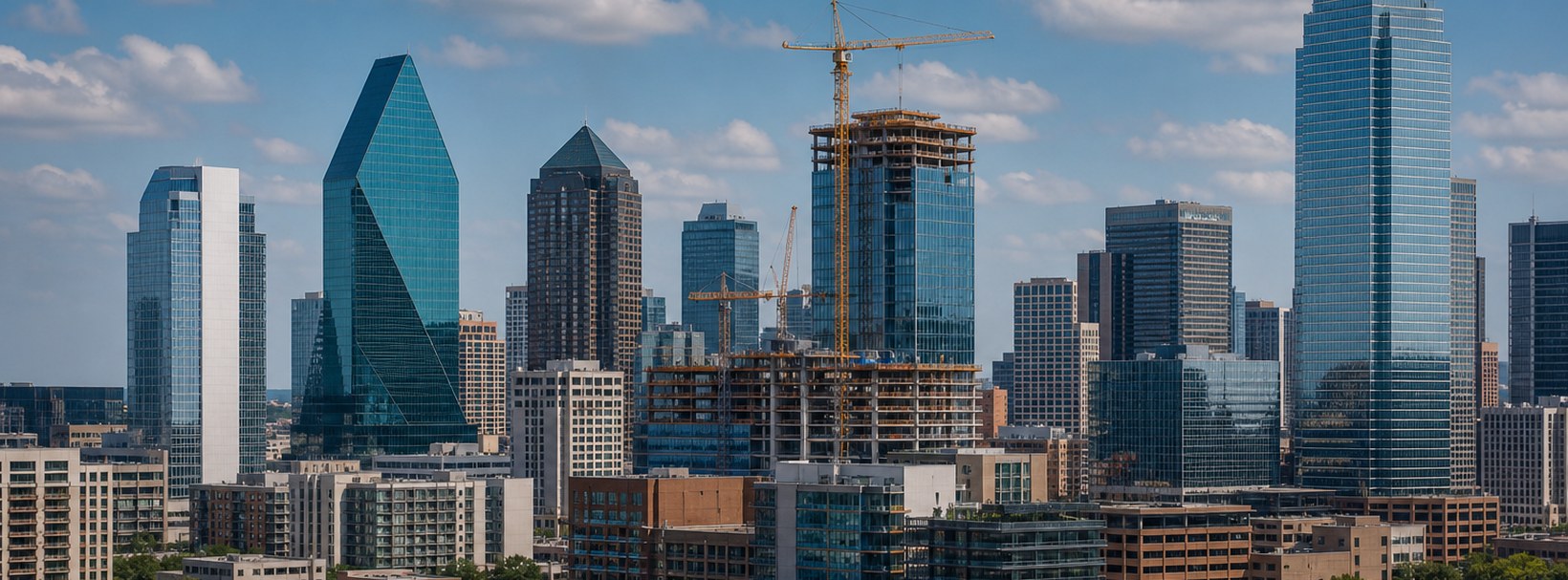 Dallas-Fort Worth construction and commercial real estate corridor with office towers, cranes, industrial buildings, and active development