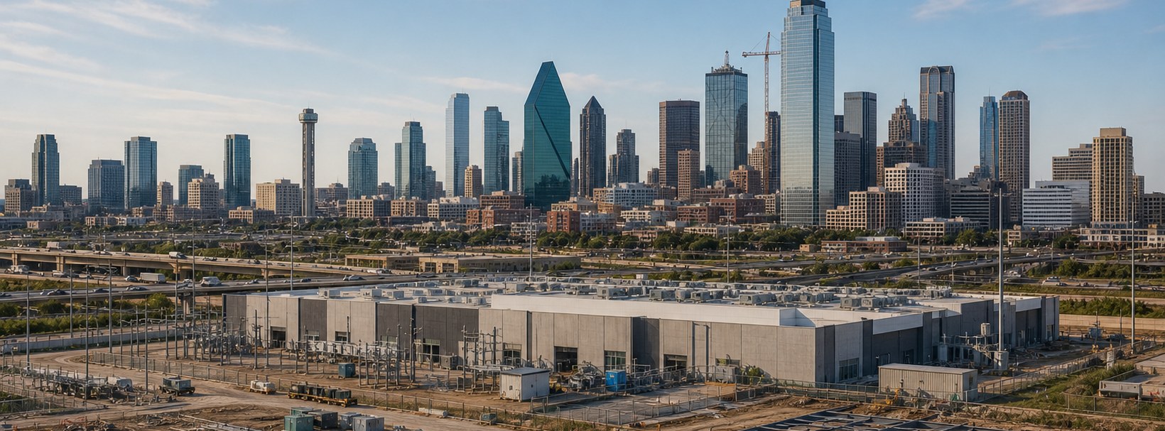 Dallas-Fort Worth construction corridor with skyline, cranes, industrial buildings, and active development infrastructure
