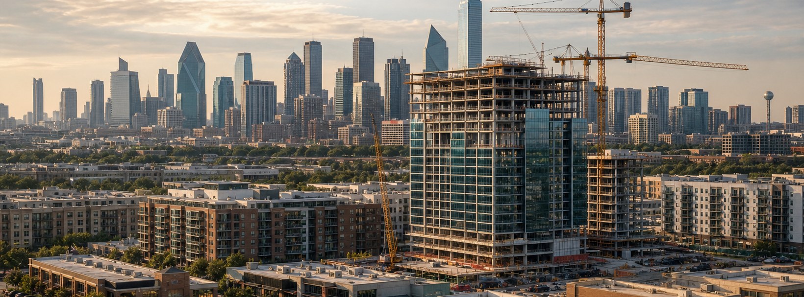 Dallas-Fort Worth real estate corridor with apartment construction, retail centers, residential neighborhoods, and skyline cranes
