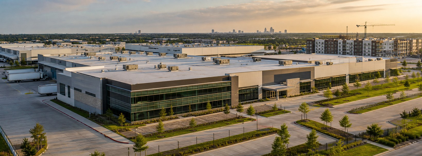 Modern Dallas-Fort Worth industrial headquarters campus with nearby apartment construction and growth-corridor infrastructure