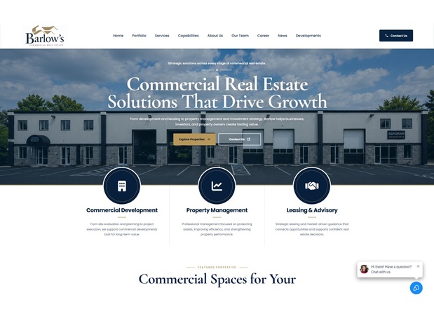 Barlow commercial real estate website displayed in a professional browser mockup