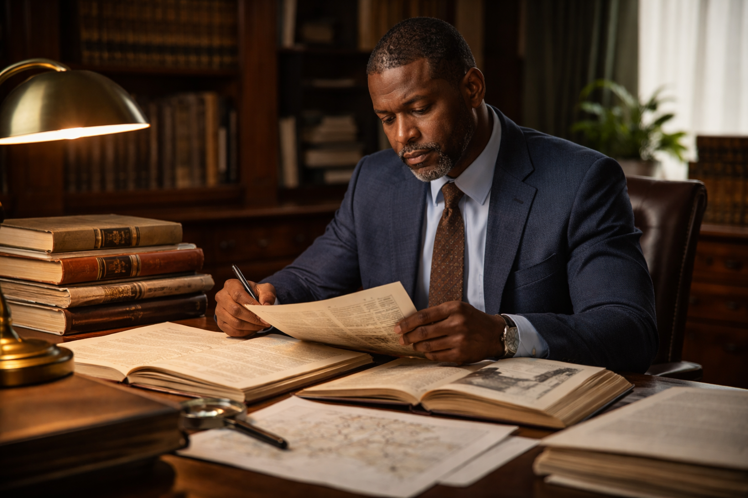 Professional public records researcher reviewing documents at a desk