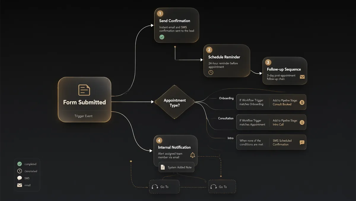 GoHighLevel workflow concept: form submission to confirmation, reminders and pipeline stages