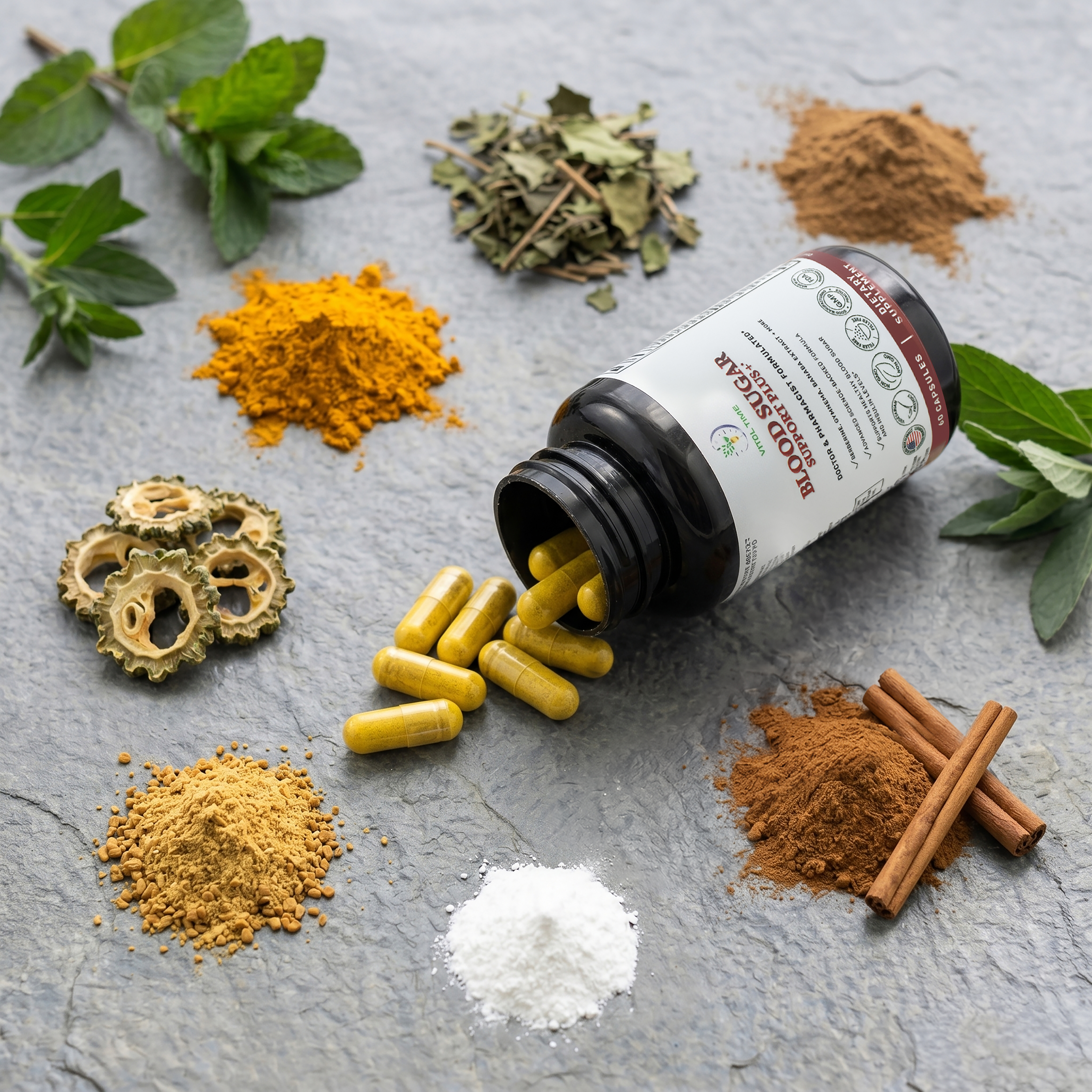 Vital Time bottle with capsules and ingredients