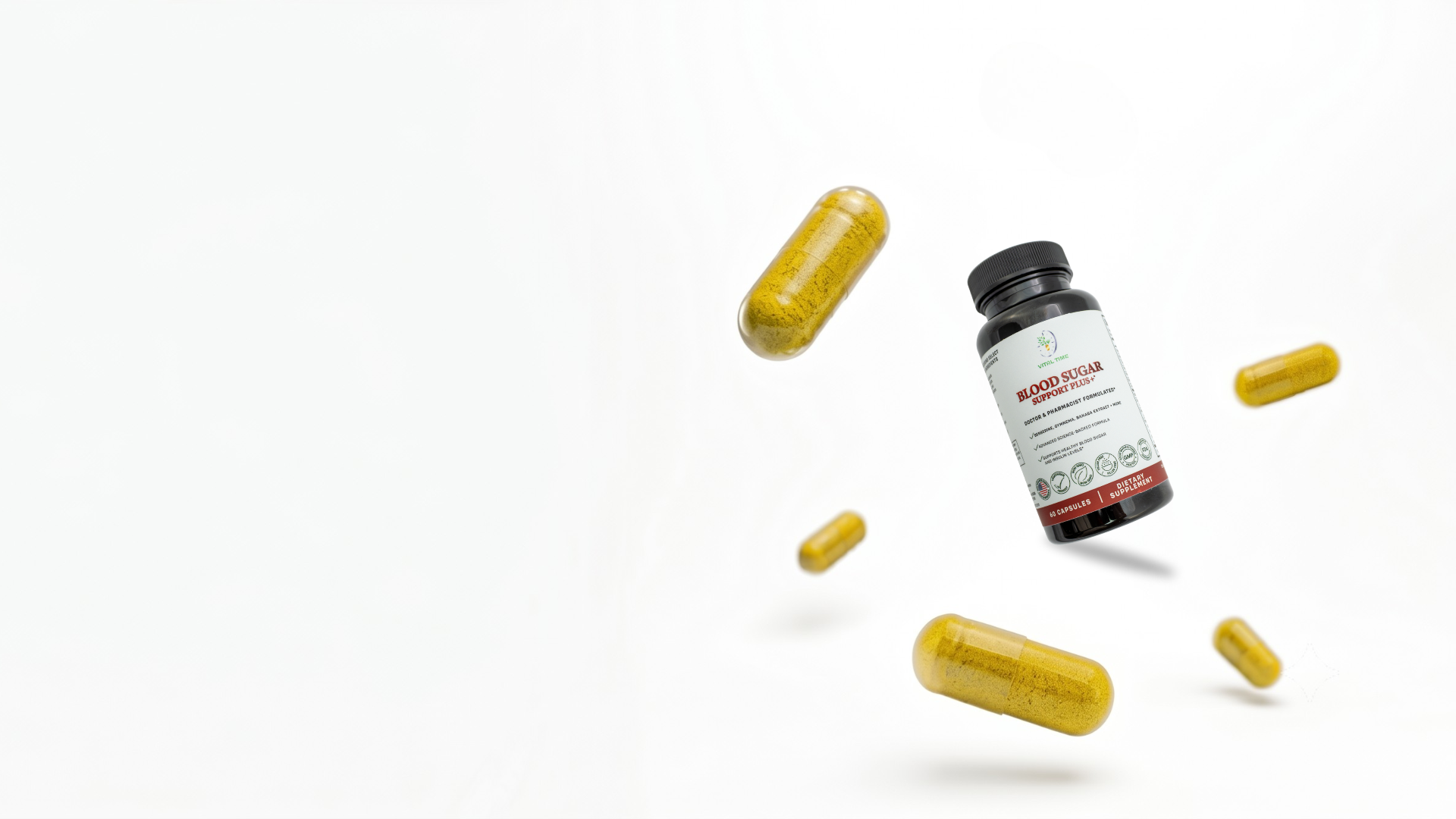 Vital Time Blood Sugar Support Plus supplement bottle in a premium wellness setting