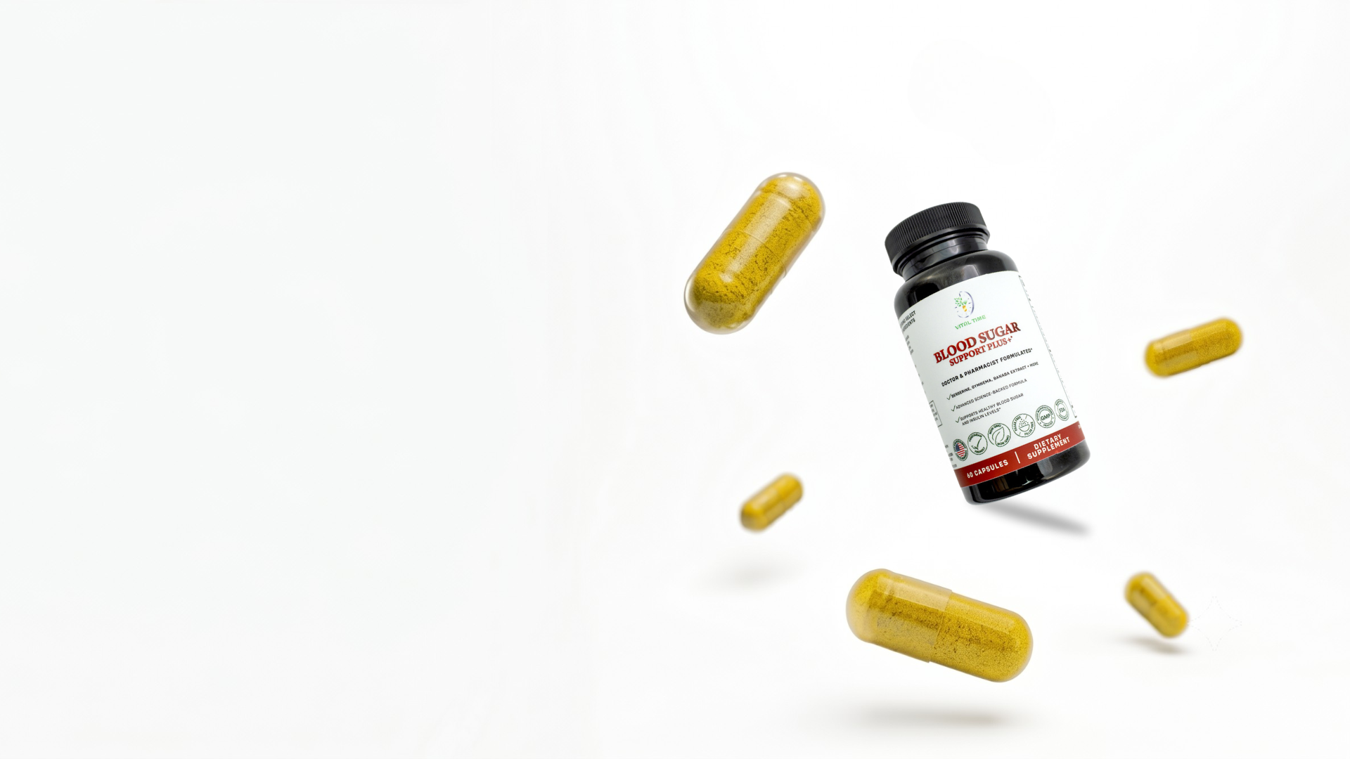 Vital Time Blood Sugar Support Plus supplement bottle in a premium wellness setting