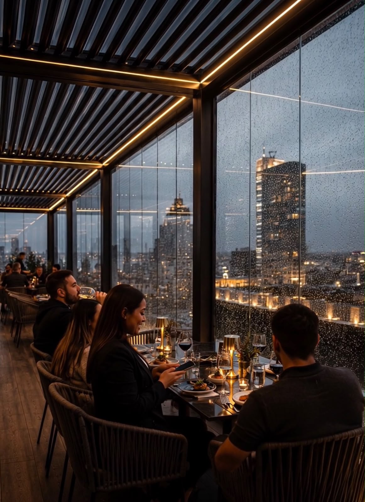 Rooftop dining protected from rain with louver roof, glass sides and integrated lighting