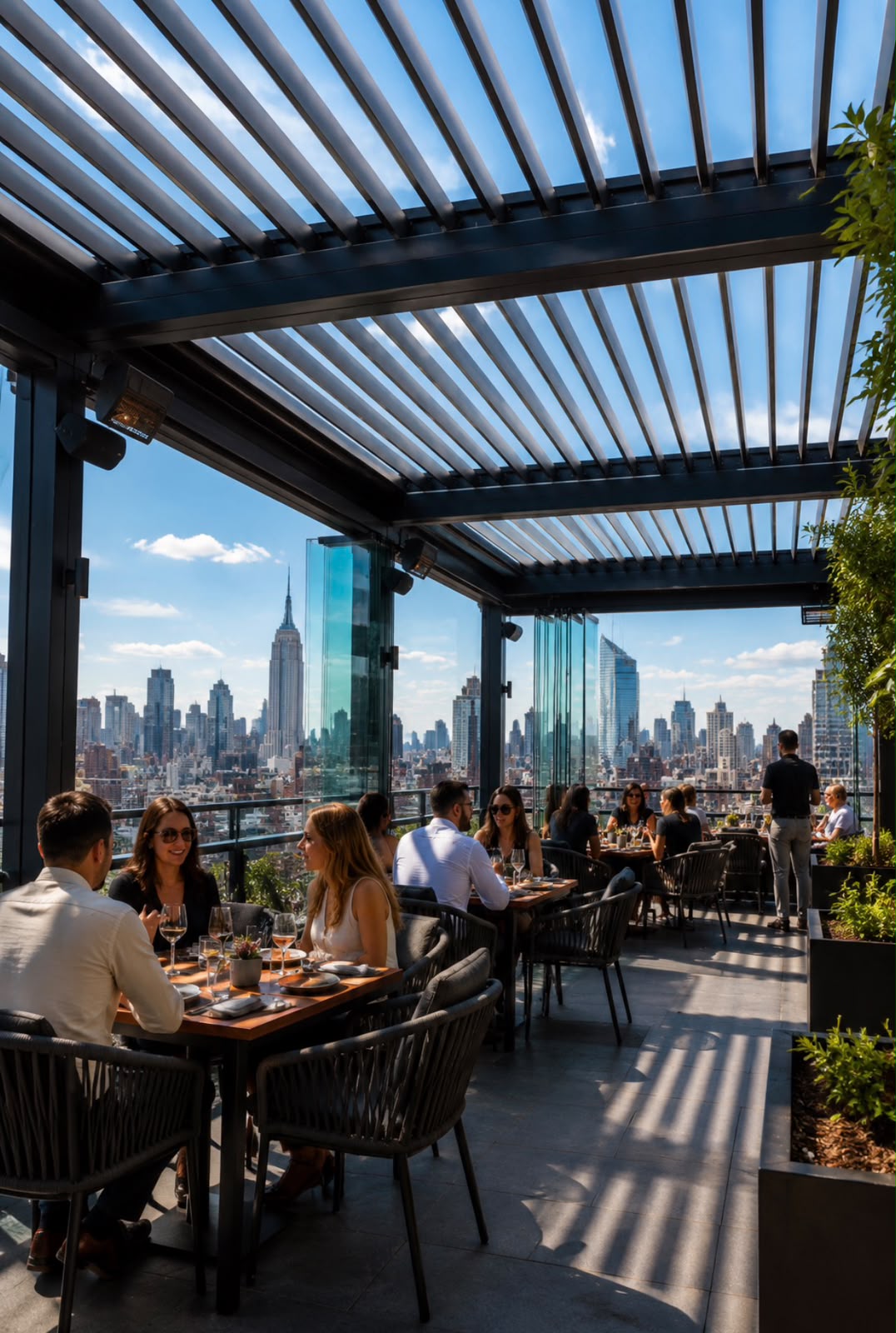 Rooftop restaurant dining beneath a louver pergola with city skyline