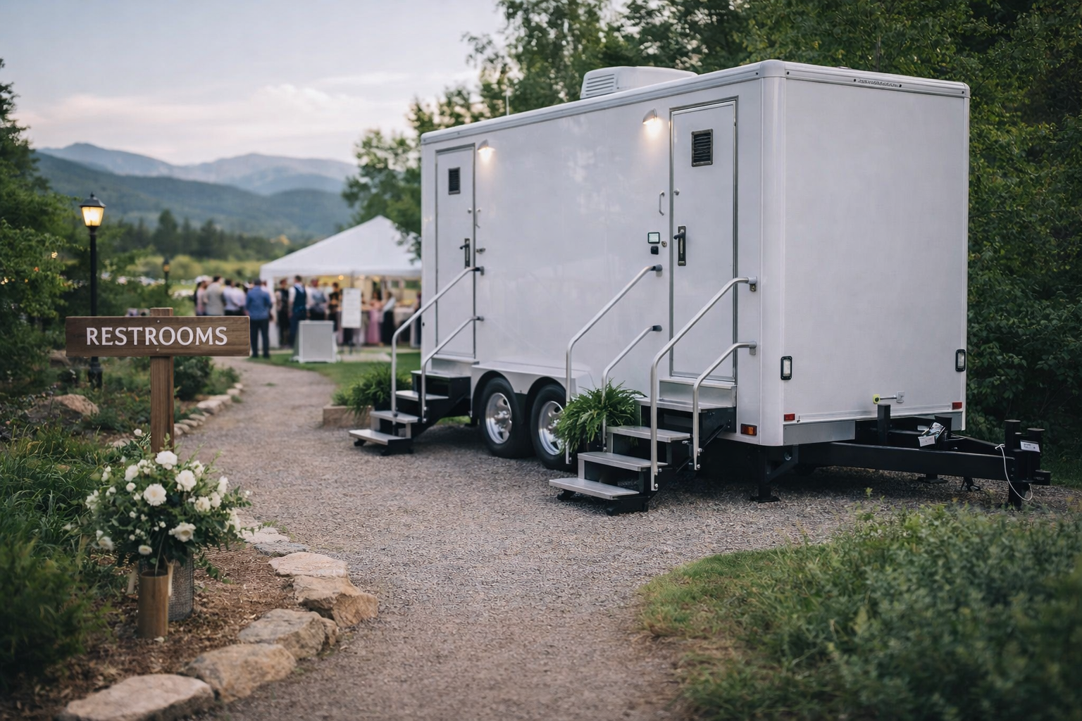 Portable restroom trailer setup at outdoor wedding venue in Denver Colorado