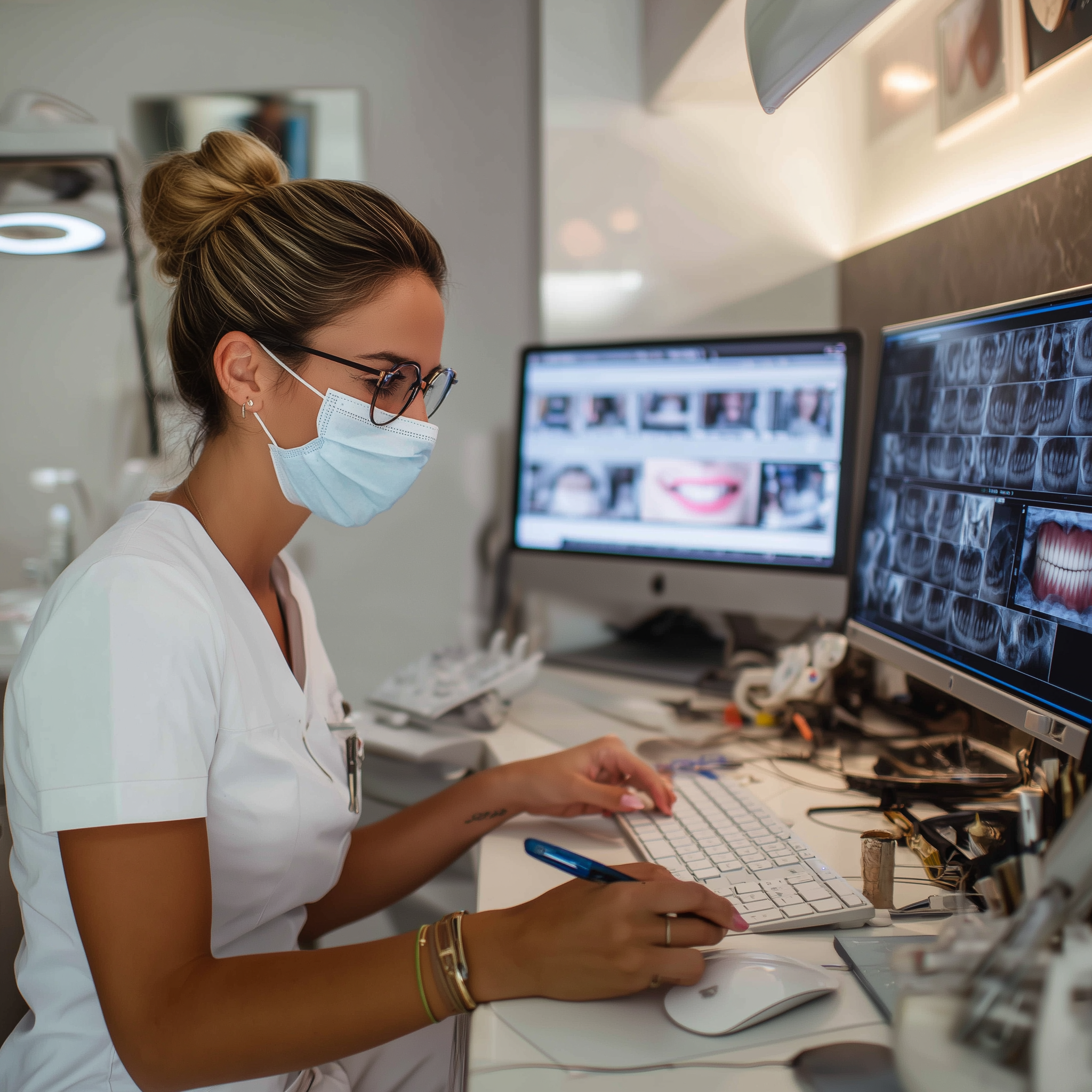 Dentist assistant working on computer