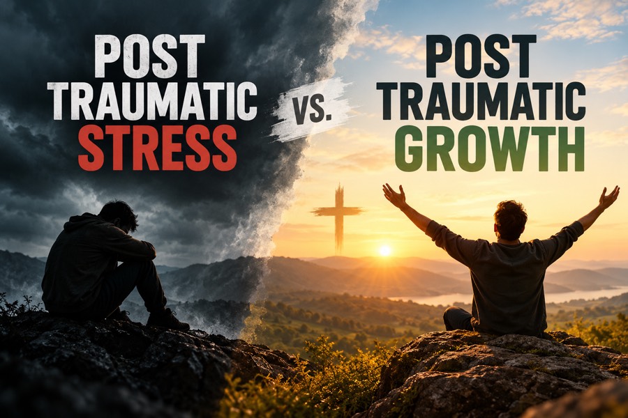 Split image contrasting post-traumatic stress, a man sitting with his head down under dark storm clouds, with post-traumatic growth, a man with arms raised at sunrise beside a cross.