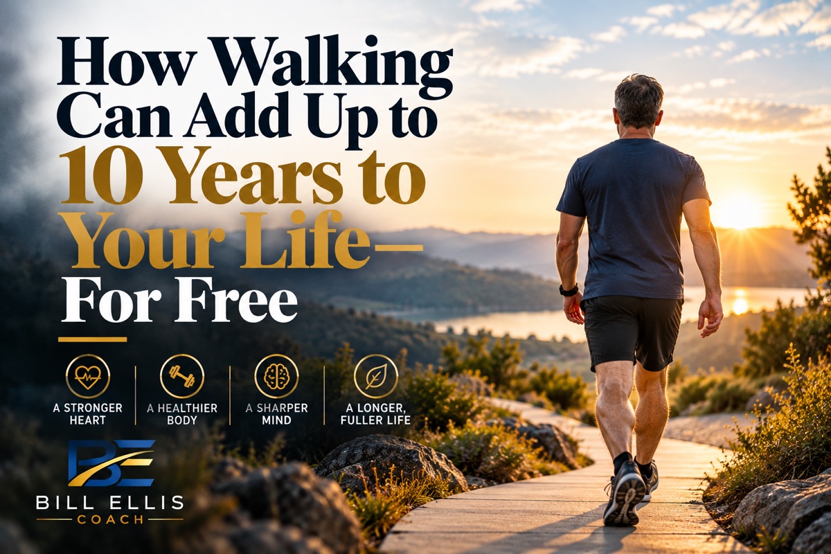 A man walking a path at sunrise, with icons for a stronger heart, healthier body, sharper mind and longer, fuller life