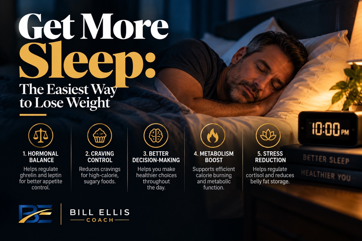 A man asleep in bed beside a 10:00 PM clock, with five benefits of sleep: hormonal balance, craving control, better decision-making, metabolism boost and stress reduction