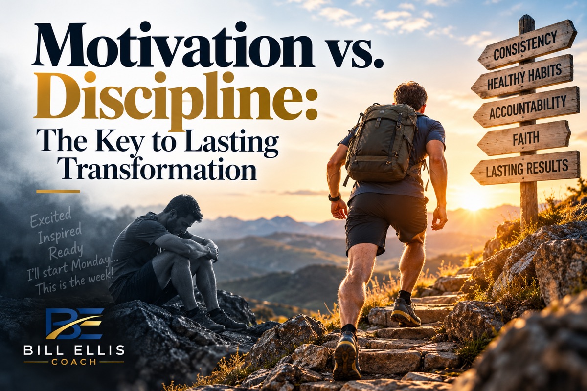 A discouraged man sits beside a hiker climbing stone steps toward a signpost reading Consistency, Healthy Habits, Accountability, Faith and Lasting Results
