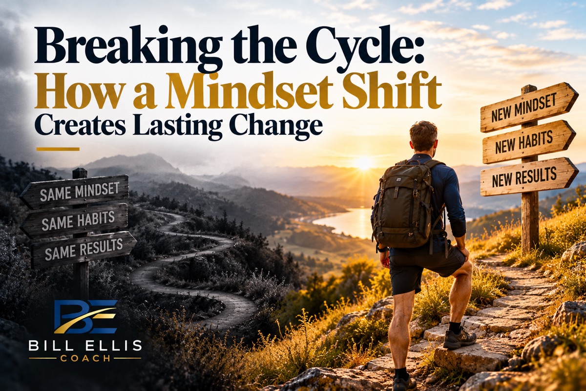 A hiker stands between a gray sign reading Same mindset, same habits, same results and a golden sign reading New mindset, new habits, new results